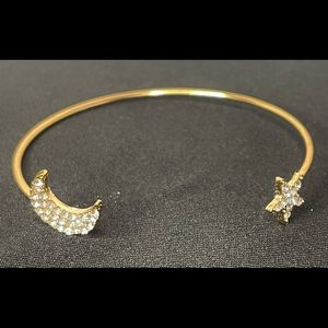 Dainty Star & Moon Gold Toned Cuff  Bracelet w/Rhinestones